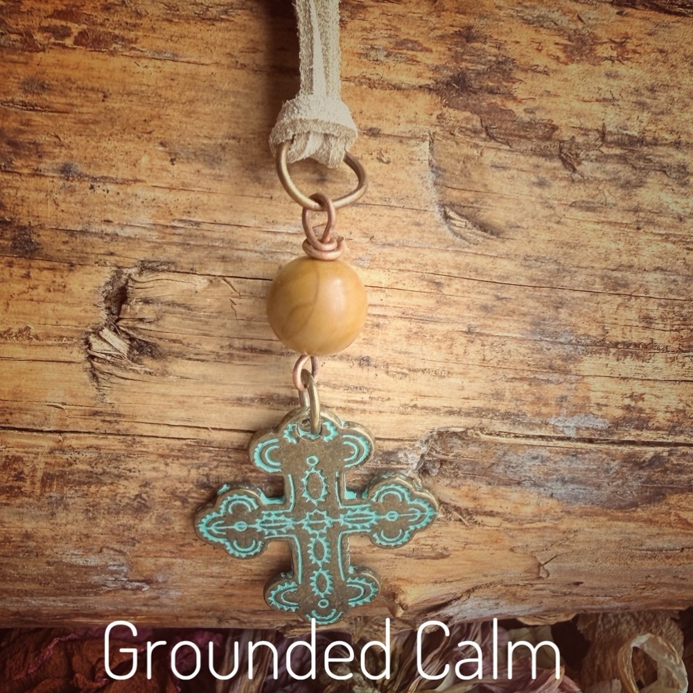 Suede Pendant with Rustic Cross & Jasper • Earthy Spiritual Necklace